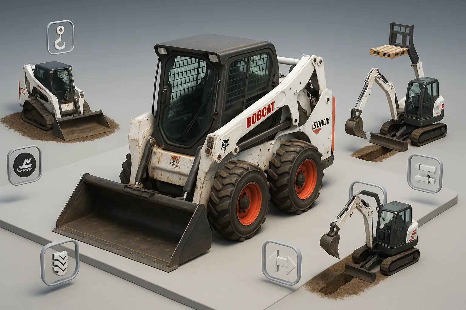 3D render comparing used Bobcat machines for different jobsite needs.